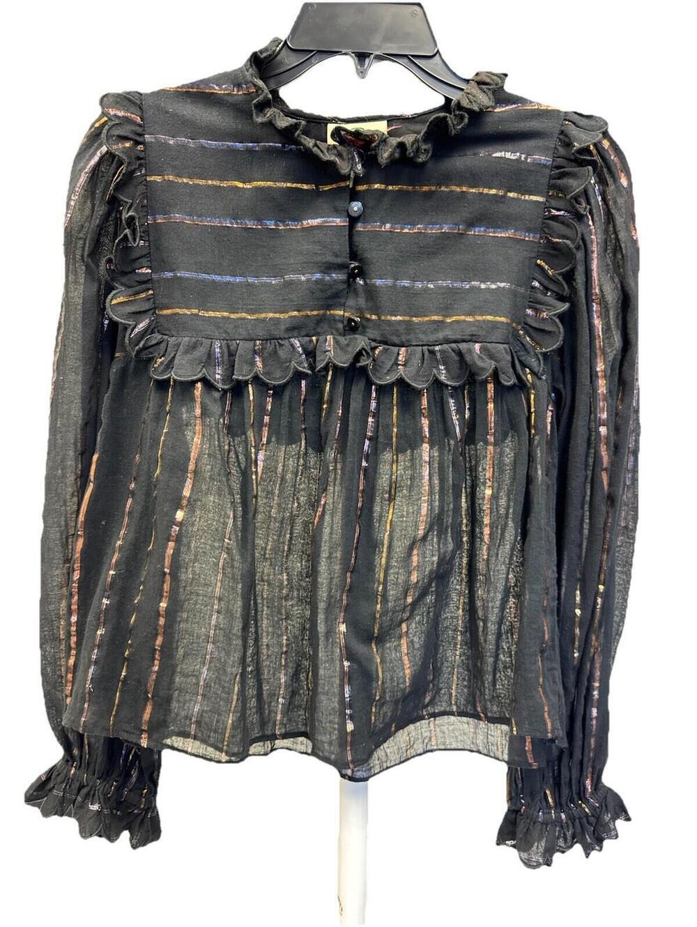 Farm Rio Top Blouse Long sleeve Stripe Ruffle Black Cotton Sz S